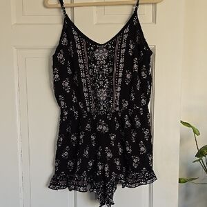 bailey blue Black Floral Romper with Pink & White Accents